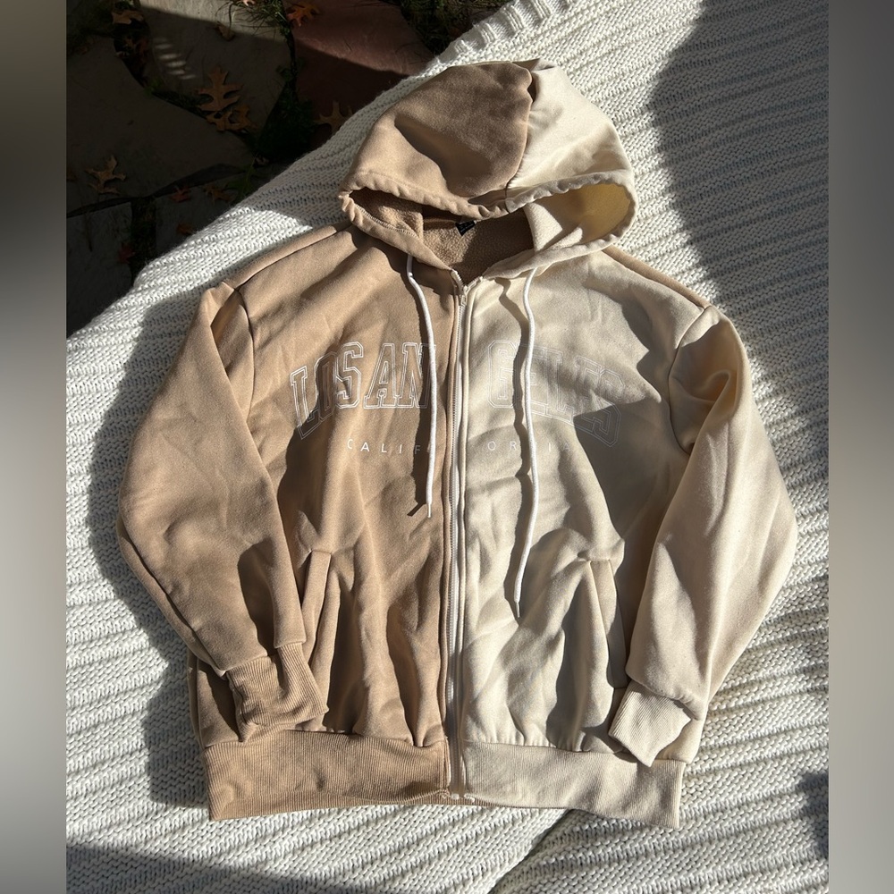 Two-Tone Tan & Cream Zip Up Hoodie, Size XS